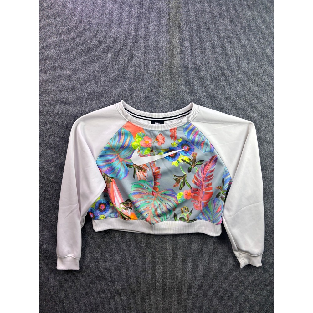 Nike Hyper Femme Cropped‎ Sweatshirt Womens L White Tropical Floral Parrot Print